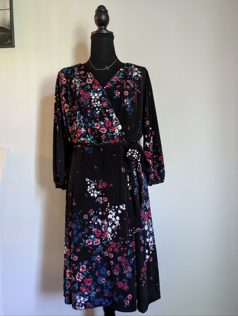 DKNY Floral Faux-Wrap Midi Dress Black Red Blue Size 16
